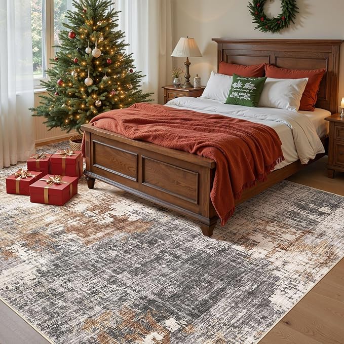 Area Rug Living Room Rugs - 7x10 Washable Large Soft Indoor Neutral Modern Abstract Low Pile Rug Carpet for Bedroom Dining Room Farmhouse Home Office - Grey Brown