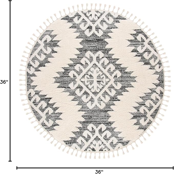 SAFAVIEH Moroccan Tassel Shag Collection Area Rug - 3' Round, Ivory & Grey, Boho Design, Non-Shedding & Easy Care, 2-inch Thick Ideal for High Traffic Areas in Living Room, Bedroom (MTS652F)