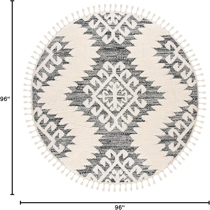 SAFAVIEH Moroccan Tassel Shag Collection Area Rug - 8' Round, Ivory & Grey, Boho Design, Non-Shedding & Easy Care, 2-inch Thick Ideal for High Traffic Areas in Living Room, Bedroom (MTS652F)