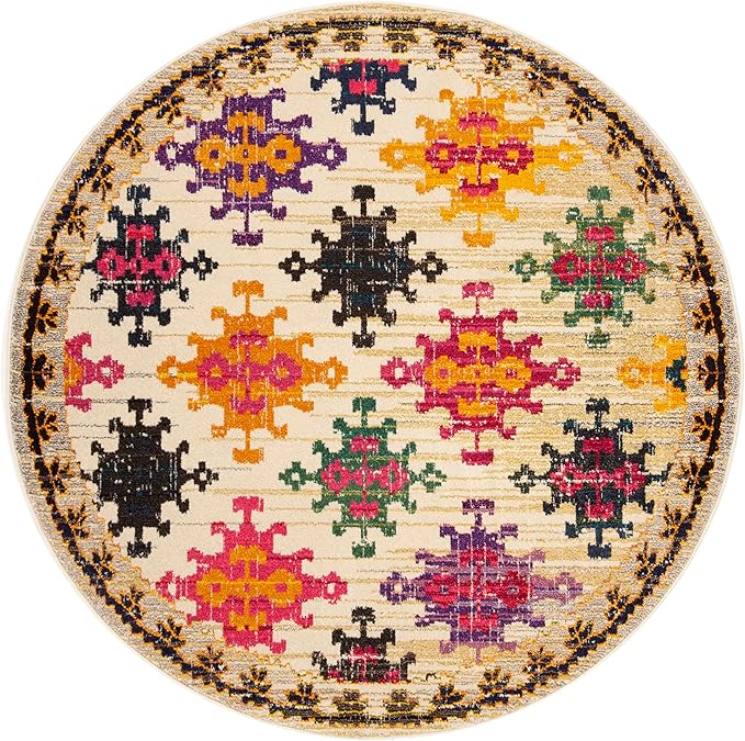 SAFAVIEH Monaco Collection Area Rug - 6'7" Round, Ivory & Multi, Boho Diamond Trellis Design, Non-Shedding & Easy Care, Ideal for High Traffic Areas in Living Room, Bedroom (MNC244A)