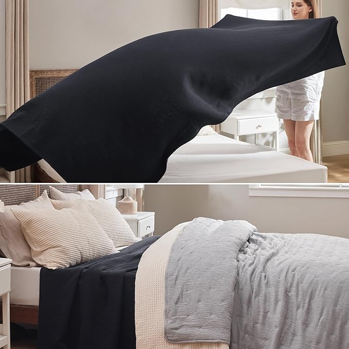 Bedsure GentleSoft 100% Cotton Blanket Queen Size for Bed - Breathable and Lightweight, Soft Cozy Textured Herringbone Woven Blanket for Summer Spring, Black, 90x90 inches