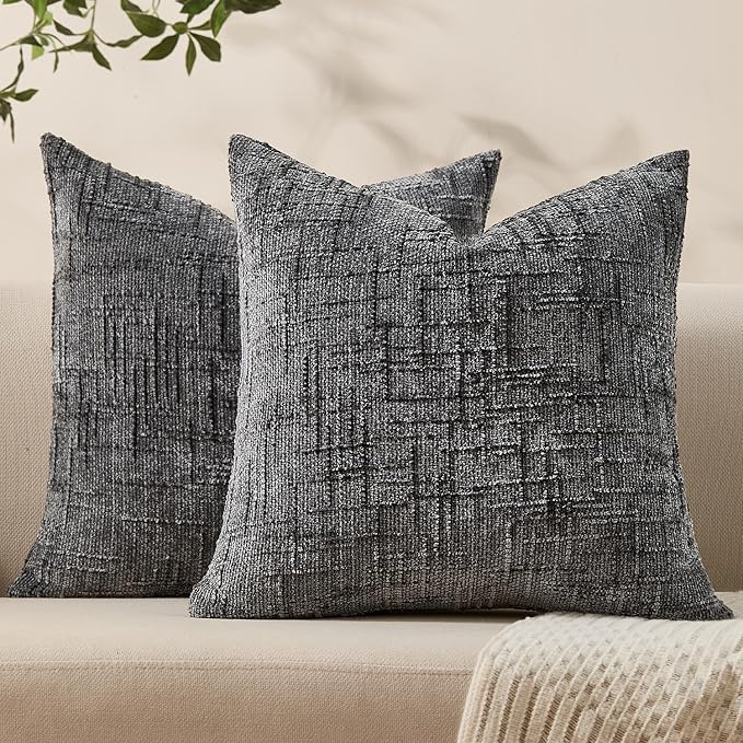 Decorative Couch Throw Pillow Covers 24x24 Set of 2 Dark Gray Soft Chenille Pillow Covers Neutral Textured Boho Cushion Covers for Modern Farmhouse Sofa Bedroom Living Room Decor SY008-E24