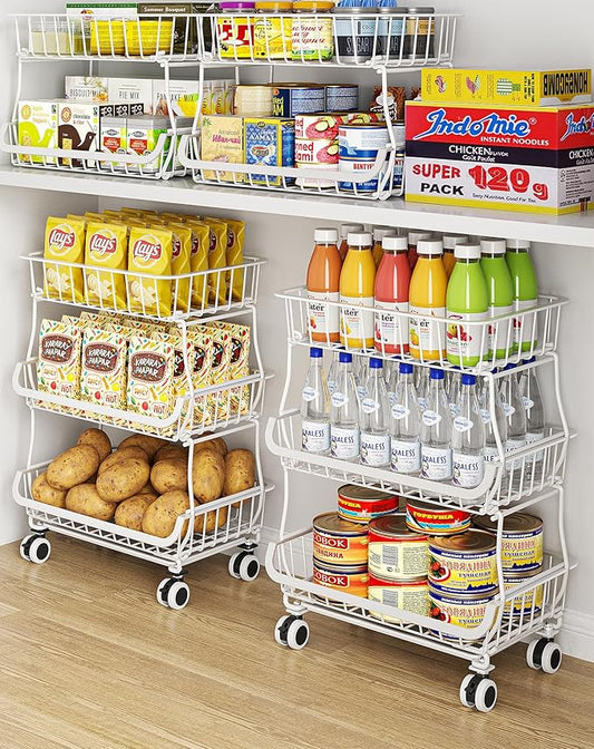 3-Tier Rolling Pantry Floor Organizer and Storage Cart with Wheels, Stackable Wire Pantry Baskets for Pantry Shelves, Kitchen Storage Rack and Fruit Basket Stand for Fruit Snack Onion Potato
