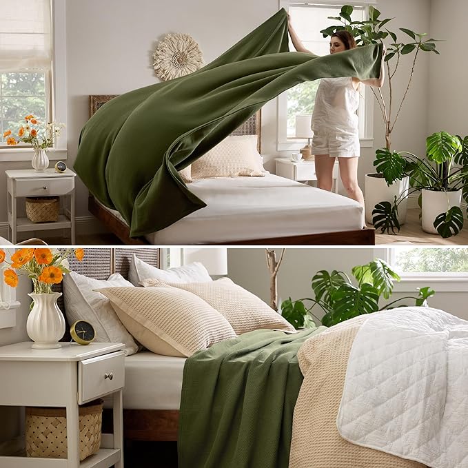 Bedsure GentleSoft 100% Cotton Large Blanket Oversized King for Bed 120x94 inches - Breathable Soft Cozy Herringbone Woven Blanket for Summer, Couch Cover, Olive Green