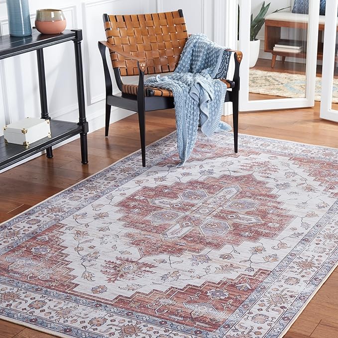 SAFAVIEH Washable Rug Tucson Collection - 6' x 9', Ivory & Rust, Slip Resistant & Easy to Clean, Ideal for Living Room, Bedroom, Dining Space (TSN109A)