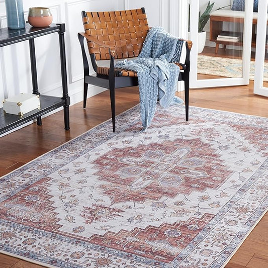 SAFAVIEH Washable Rug Tucson Collection - 6' x 9', Ivory & Rust, Slip Resistant & Easy to Clean, Ideal for Living Room, Bedroom, Dining Space (TSN109A)