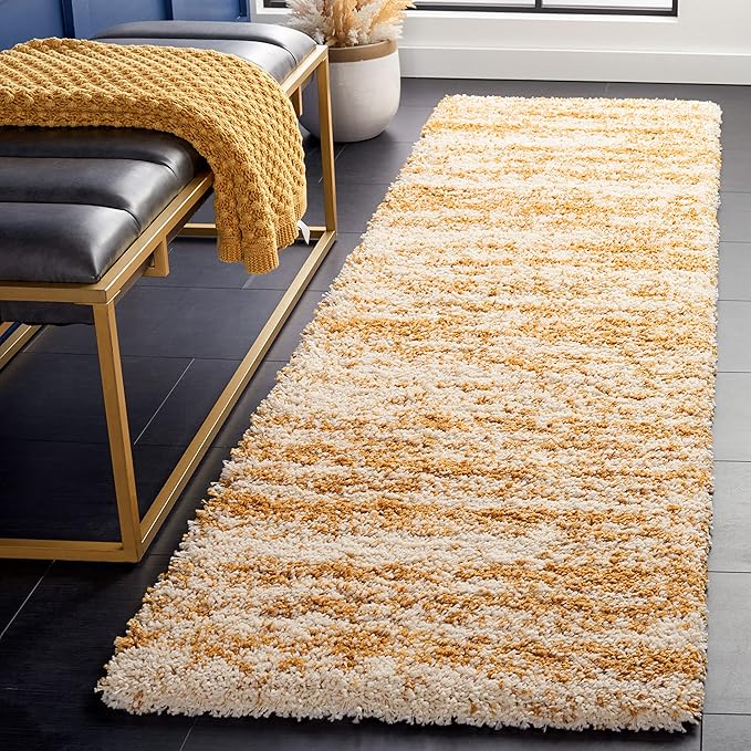 SAFAVIEH Hudson Shag Collection Runner Rug - 2'3" x 8', Ivory & Gold, Modern Design, Non-Shedding & Easy Care, 2-inch Thick Ideal for High Traffic Areas in Living Room, Bedroom (SGH206D)