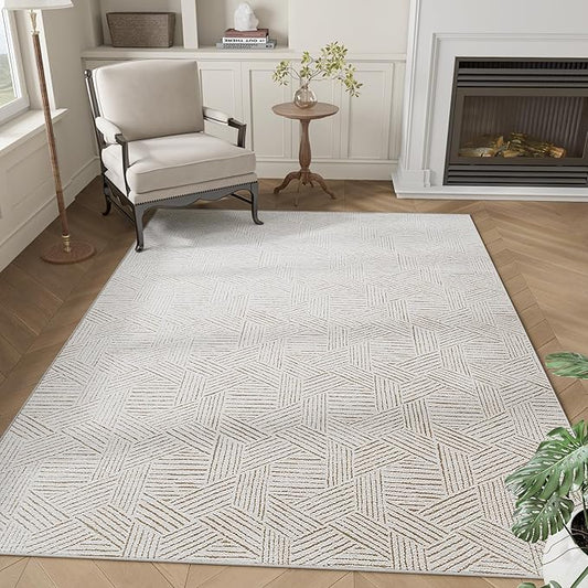 NICETOWN Cream Area Rug 5x7 for Living Room- Non slip Thin Jacquard Brown Machine Washable Rug Geometric Modern for Bedroom Large Entryway Rug with Rubberback Throw Carpet for Bedroom, white and Brown