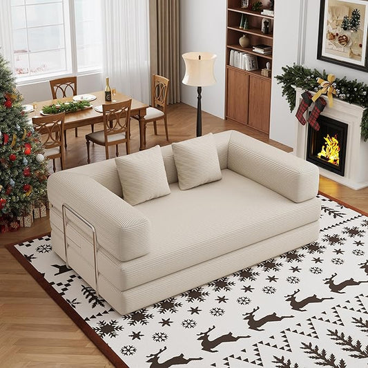 4-in-1 Foldable Sofa Bed Teddy Fabric Foam-Filled Compressed Couch, Beds Queen Size Convertible Sofa Couch Loveseat , Boneless Folding Sleeper for Living Room, Guest Bed, Playroom (Beige, 59” 2 Seat)