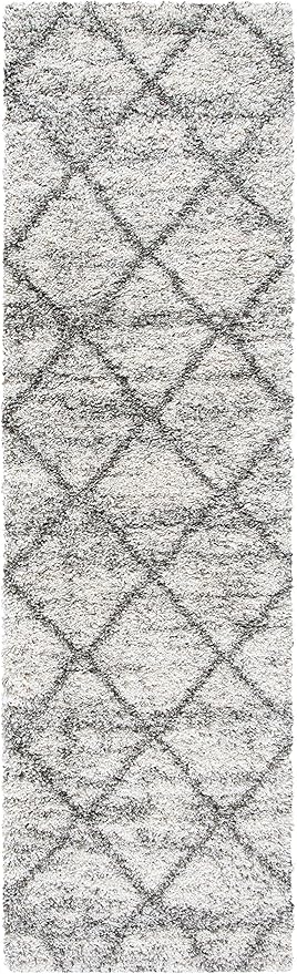 SAFAVIEH Hudson Shag Collection Runner Rug - 2'3" x 8', Grey & Beige, Modern Trellis Design, Non-Shedding & Easy Care, 2-inch Thick Ideal for High Traffic Areas in Living Room, Bedroom (SGH281J)