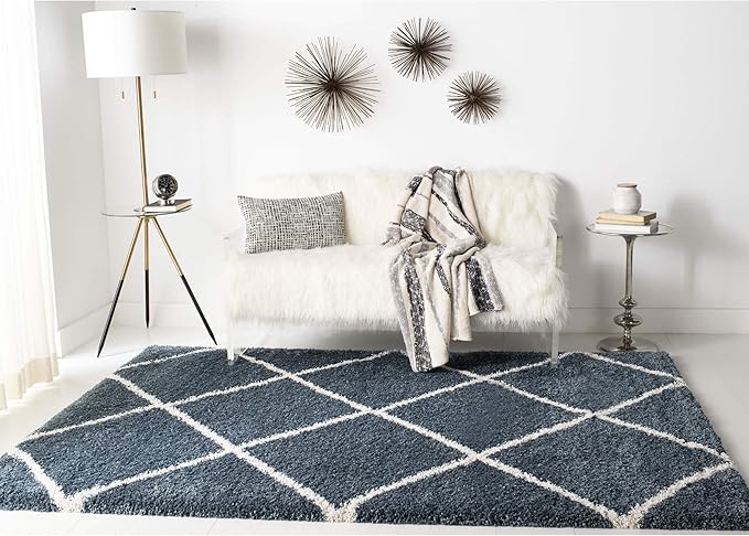 SAFAVIEH Hudson Shag Collection Area Rug - 5'3" x 7'6", Slate Blue & Ivory, Modern Trellis Design, Non-Shedding & Easy Care, 2-inch Thick Ideal for High Traffic Areas in Living Room, Bedroom (SGH281L)