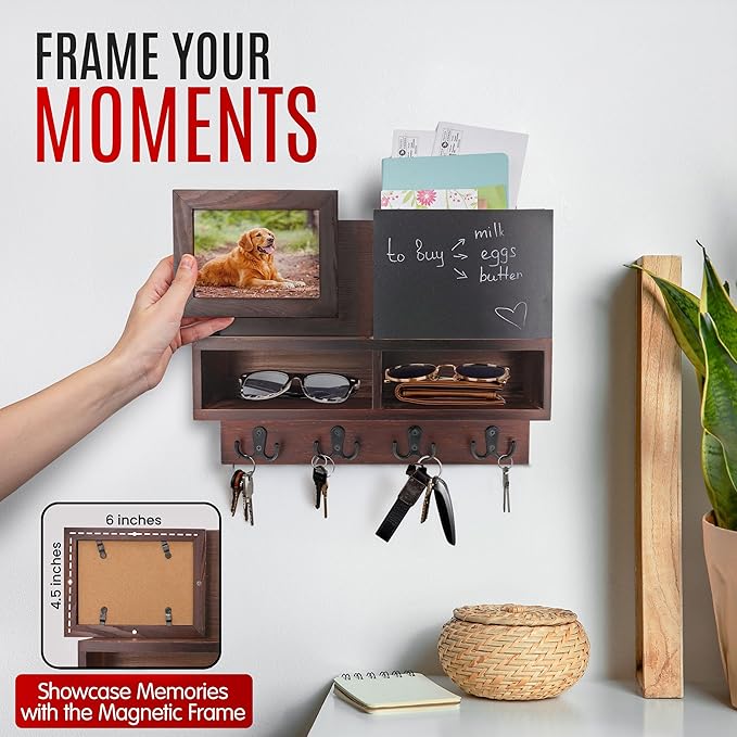 Spacelog Key and Mail Holder for Wall with Chalkboard – Magnetic Photo Frame Key Holder Wall Mount, Dark Walnut, Dual Storage & Cupboards Mail and Key Organizer for Wall