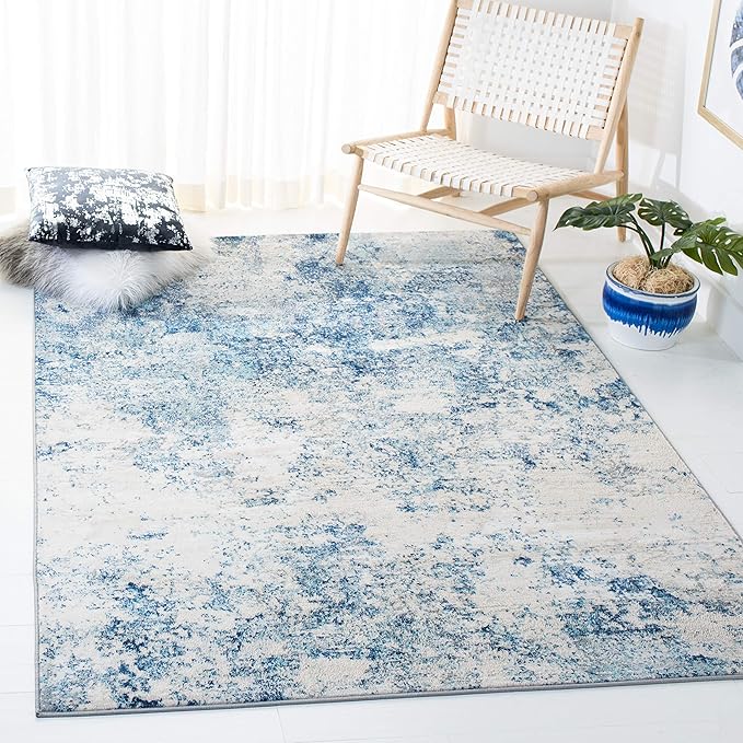 SAFAVIEH Brentwood Collection 5'3" x 7'6" Ivory / Navy BNT822B Modern Abstract Non-Shedding Living Room Bedroom Dining Home Office Area Rug