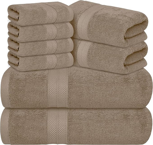 Avalon Towels Luxury 8 Piece Beige Towels Set, 2 Bath Towels, 2 Hand Towels and 4 Washcloths, 600 GSM 100% Ring Spun Cotton Highly Absorbent Beige Bathroom Towels, Ideal for Hotel, Spa and Gym