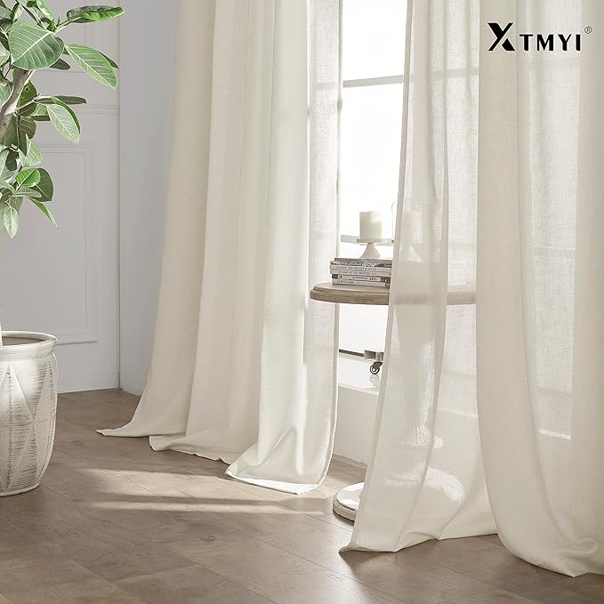 XTMYI Linen Drapery 92 Inch Curtains Length 2 Panels Set Back Tab Sheer Window Curtains Living Room Bedroom,50x92 in Long,Cream(Ivory/Off White)