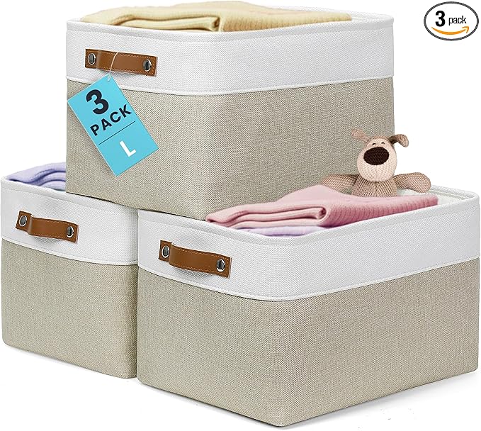 OrganiHaus Large Fabric Storage Baskets for Shelves 3 Pack, 15x11in Closet Storage Bins for Shelves, Canvas Baskets for Organizing, Linen Closet Organizers, Cloth Basket, Beige/Off-White