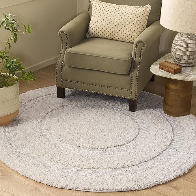 SAFAVIEH Florida Shag Collection Area Rug - 4' Round, Creme & Creme, Border Design, Non-Shedding & Easy Care, 1.2-inch Thick Ideal for High Traffic Areas in Living Room, Bedroom (SG454-1111)