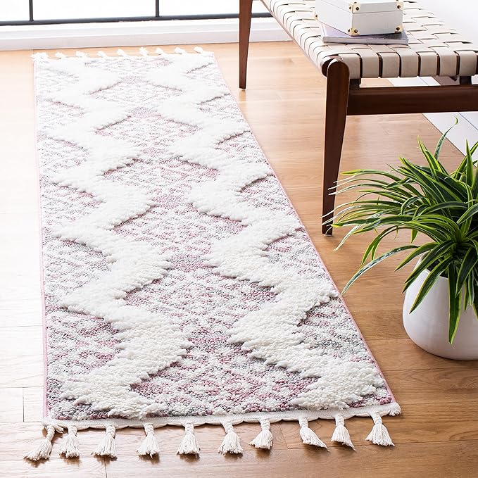 SAFAVIEH Moroccan Tassel Shag Collection Runner Rug - 2'3" x 8', Pink & Ivory, Rustic Trellis, Non-Shedding & Easy Care, 2-inch Thick Ideal for High Traffic Areas in Living Room, Bedroom (MTS652U)