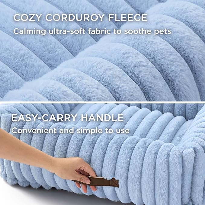 Bedsure Washable Dog Bed for Medium Dogs - Cute Furry Puppy Beds, Rectangle Orthopedic Corduroy Fleece Pet Beds with Removable Zipper Cover, 30x24x8inches, Blue