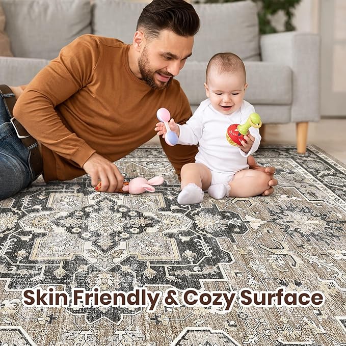 Vintage Living Room Area Rug 5x7 - Large Soft Washable Oriental Traditional Distressed Farmhouse Rugs for Bedroom - Indoor Floor Accent Carpet for Home Office House Decor - Black Brown