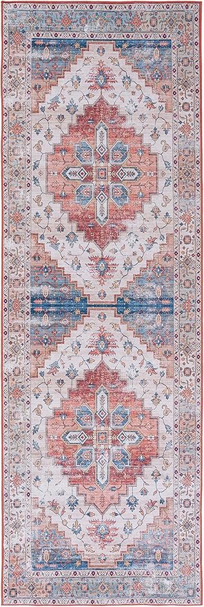 SAFAVIEH Washable Rug Tucson Collection - 2'6" x 14' Runner, Beige & Blue, Slip Resistant & Easy to Clean, Ideal for Living Room, Hallway, Foyer, Entryway, Bedroom (TSN109B)