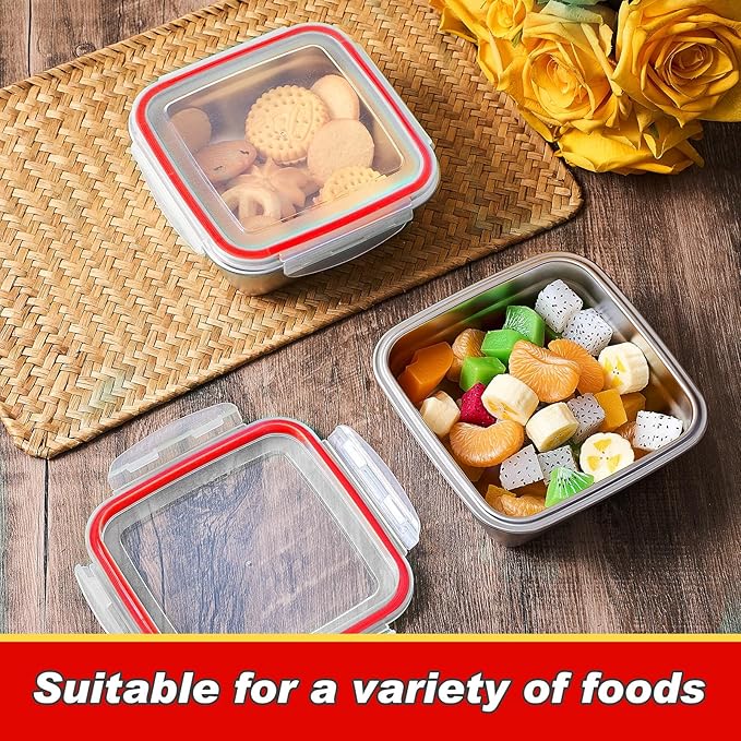 4 Pack Stainless Steel Sandwich Containers with Lids 25.4 oz Metal Food Container for Lunch Boxes with Airtight Silicone Seal for Sandwiches and Snacks(Red)
