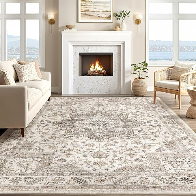 Vintage Living Room Area Rug 5x7 - Large Soft Washable Oriental Traditional Distressed Farmhouse Rugs for Bedroom - Indoor Floor Accent Carpet for Home Office House Decor - Light Brown