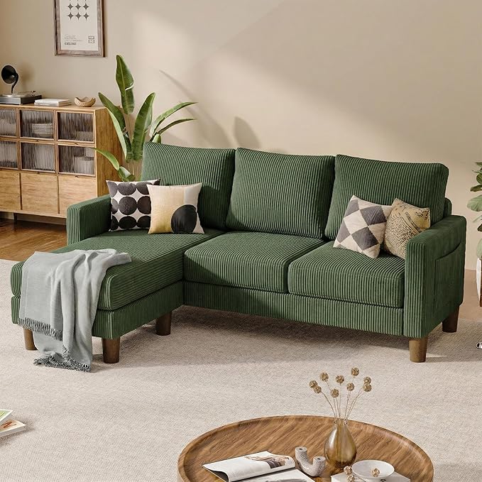 JUMMICO L Shape Sectional Sofa Couch, 3 Seat Convertible Sofa with Movable Ottoman and Side Storage Pockage, Modern Sofa Small Couches for Living Room & Apartment and Small Space (Corduroy, Green)