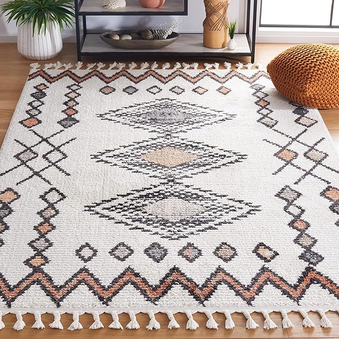 SAFAVIEH Moroccan Tassels Collection Area Rug - 8'8" x 12', Ivory & Orange, Modern Boho Rustic Design, Non-Shedding & Easy Care, Ideal for High Traffic Areas in Living Room, Bedroom (MRT105A)