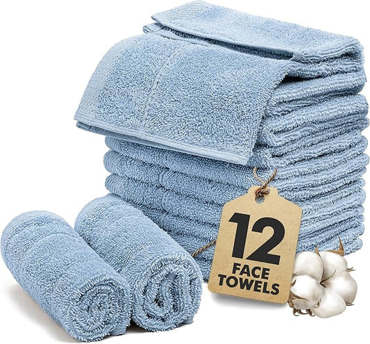 Face Towels Pack of 12 – 100% Cotton Wash Cloths (12x12 inch) – Soft, Quick Dry & Highly Absorbent Hand Towels for Bathroom, Spa, Gym, Kitchen and for Daily Use - (Sky Blue)
