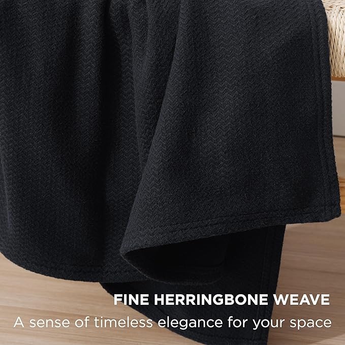 Bedsure GentleSoft 100% Cotton Blanket Queen Size for Bed - Breathable and Lightweight, Soft Cozy Textured Herringbone Woven Blanket for Summer Spring, Black, 90x90 inches