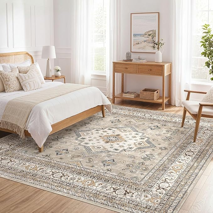 Vintage Living Room Square Area Rug 8x8 - Large Soft Washable Oriental Traditional Distressed Farmhouse Rugs for Bedroom - Indoor Floor Accent Carpet for Home Office House Decor - Beige