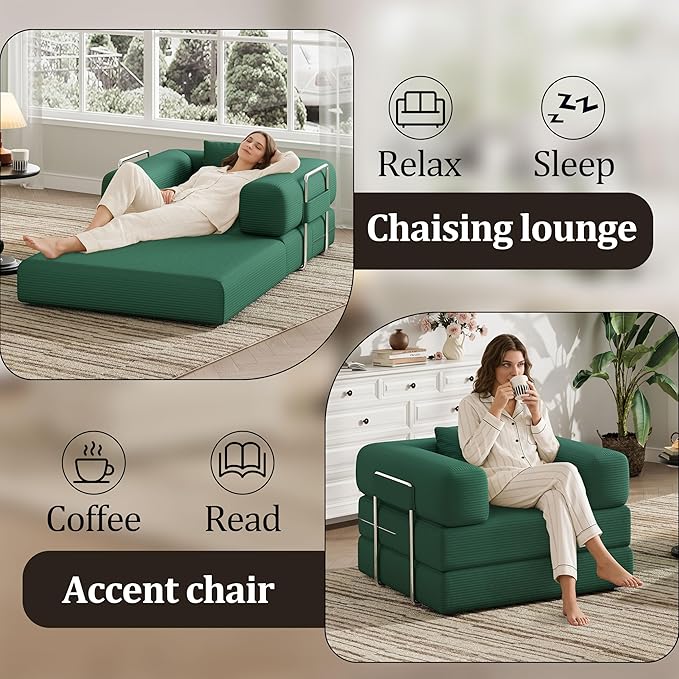 Folding Sofa Bed, 2 in 1 Convertible Sofas to Lounger Comfy Single Bean Bag Chair Floor Portable Foldable Sleeper Lazy Futon Couch Chair for Bedroom, Living Room (Green, 35.43" Single Sofa)