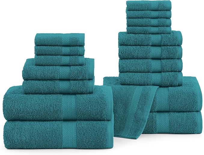 LANE LINEN 100% Cotton Bathroom Towels Set - 18 Piece - Super Soft, Quick Dry & Highly Absorbent - 4 Bath, 8 Washcloth, 6 Hand Towels - Premium Hotel Quality, Ideal for Spa & Salons - Seaport Blue