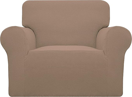 Easy-Going Stretch Chair Sofa Slipcover 1-Piece Couch Sofa Cover Furniture Protector Soft with Elastic Bottom for Kids, Pet. Spandex Jacquard Fabric Small Checks (Chair, Camel)