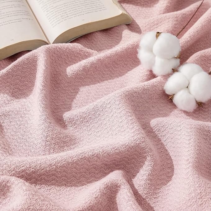 Bedsure GentleSoft 100% Cotton Blanket King Size for Bed - Breathable and Lightweight, Soft Cozy Textured Herringbone Woven Blanket for Summer Spring, Pink, 108x90 inches