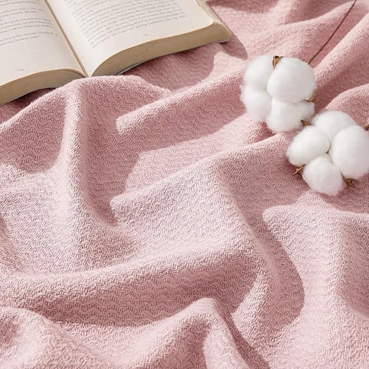 Bedsure GentleSoft 100% Cotton Large Throw Blanket for Couch 50x70 inches - Breathable and Lightweight, Soft Cozy Herringbone Woven Cotton Throw for Summer Spring, Pink Office Chair Blanket
