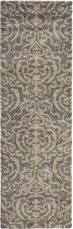 SAFAVIEH Florida Shag Collection Runner Rug - 2'3" x 7', Grey & Beige, Damask Design, Non-Shedding & Easy Care, 1.2-inch Thick Ideal for High Traffic Areas in Living Room, Bedroom (SG462-8013)