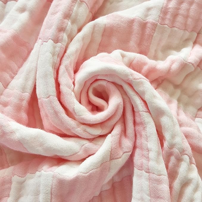 Ultra Soft Cozy 6-Layer Muslin 100% Cotton Checkered Queen Size 90"x90" Bed Blanket Breathable Lightweight Checkboard Bed Blankets Decorative for Sofa Bed All Seasons Both Sides Pink