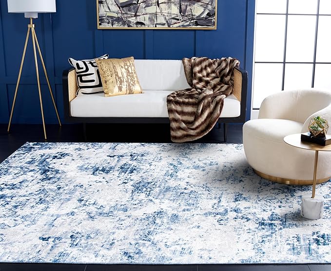SAFAVIEH Amelia Collection Area Rug - 10' Square, Navy & Grey, Modern Abstract Design, Non-Shedding & Easy Cleaning, Ideal for Living Room, Bedroom, Dining Space (ALA705N)