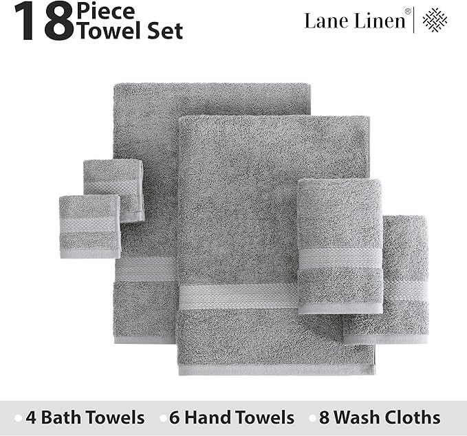 LANE LINEN 100% Cotton Towel Set for Bathroom - 18 Piece - Super Soft, Quick Dry & Highly Absorbent - 4 Bath, 8 Wash Cloth, 6 Hand Towels - Turkish Quality, Durable & Easy Care - Space Grey