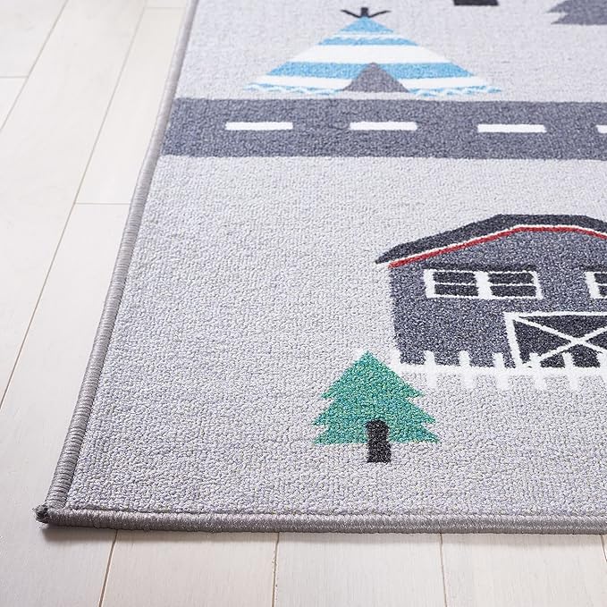 SAFAVIEH Washable Rug Kids Playhouse Collection - 5' Square, Grey & Pink, Slip Resistant & Easy to Clean, Ideal for Kids Room, Playroom, Nursery, Boys & Girls Room (KPH226A)