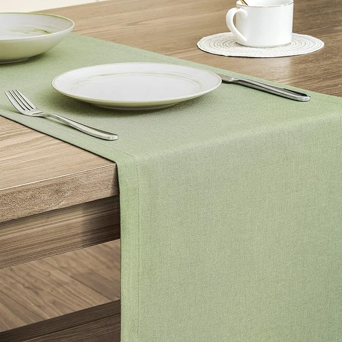 ZeeMart Basic Linen Style Table Runner, 14 x 90 Inch Sage Green, Rustic Farmhouse Green Table Runners 90 Inches Long, Everyday Polyester Table Runner - Machine Washable & Easy Care