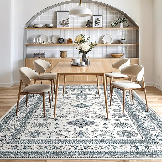 Vintage Living Room Area Rug 6x9 - Large Soft Washable Oriental Traditional Distressed Farmhouse Rugs for Bedroom - Indoor Floor Accent Carpet for Home Office House Decor - Powder Blue