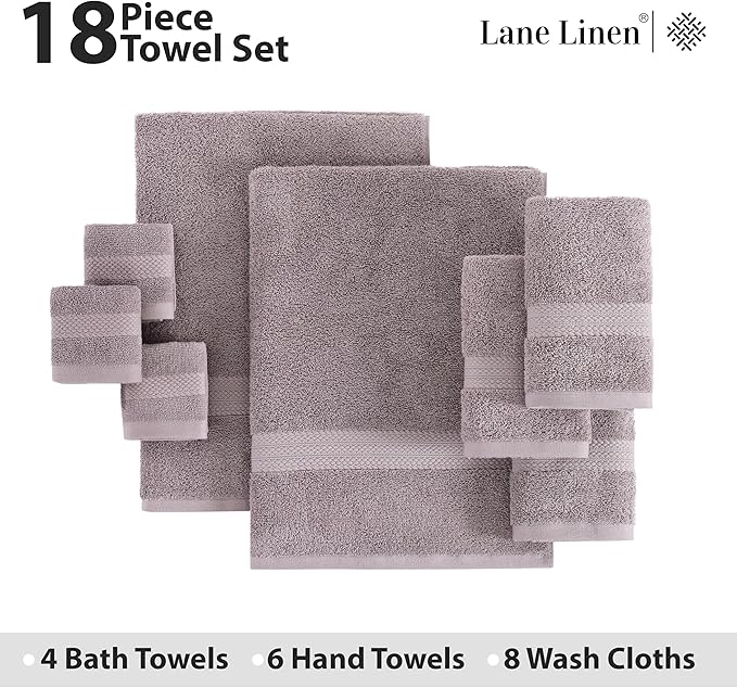 LANE LINEN 100% Ringspun Cotton Bath Towel Set - 18 Piece - Very Soft, Quick Drying & Highly Absorbent - 4 Bath, 8 Wash Cloth, 6 Hand Towels - Ideal for Guests & Perfect for Your Bathroom - Platinum