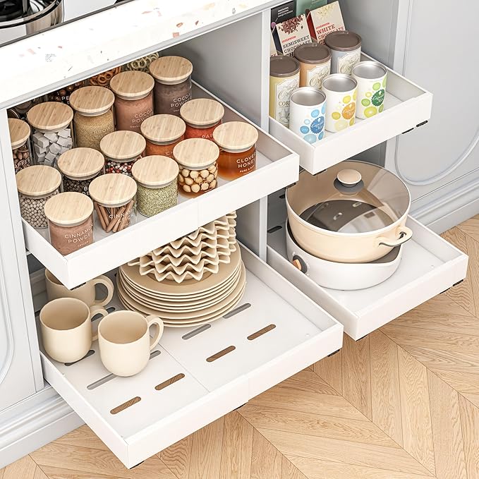 4 Pack Pull Out Cabinet Organizer, 21" Deep Expandable(12.6"-20.5") Heavy Duty Slide Out Drawers, Pull Out Drawers for Cabinets Suitable for Kitchen Storage (White)