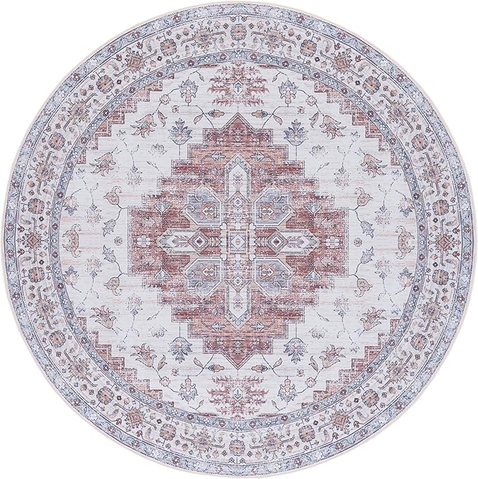 SAFAVIEH Washable Rug Tucson Collection - 6' Round, Ivory & Rust, Slip Resistant & Easy to Clean, Ideal for Living Room, Bedroom, Dining Space (TSN109A)