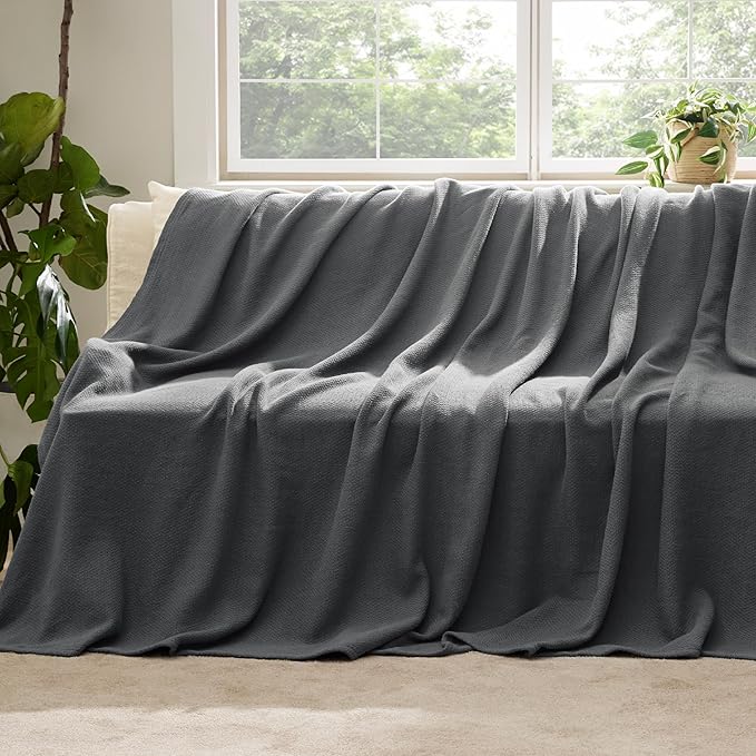 Bedsure GentleSoft 100% Cotton Large Throw Blanket for Couch 50x70 inches - Breathable and Lightweight, Soft Cozy Herringbone Woven Cotton Throw for Summer, Dark Grey Office Chair Blanket