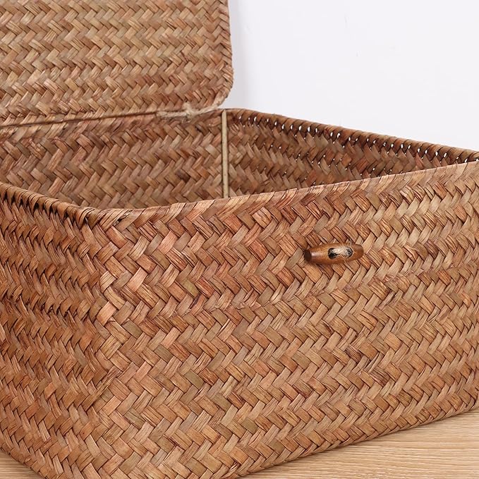 Wicker Shelf Baskets with Lid, Handwoven Seagrass Storage Basket Bins Square Gift Boxes for Shelves Home Decor Organizer (Coffee, Set of 4)
