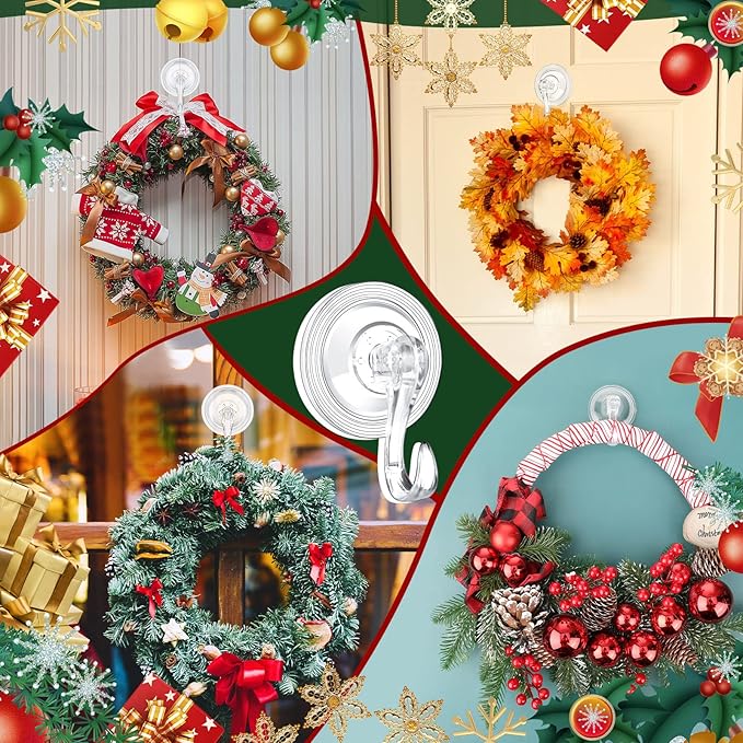 Yookeer 8 Pcs Christmas Wreath Hanger Suction Cup Hooks Heavy Duty Reusable Suction Cups Large Clear Door Wreath Hanger for Glass Door Window Hooks